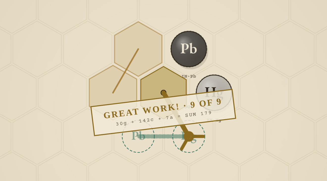The GREAT WORK! stamp over the board: 9 of 9, 30g + 142c + 7a = SUM 179